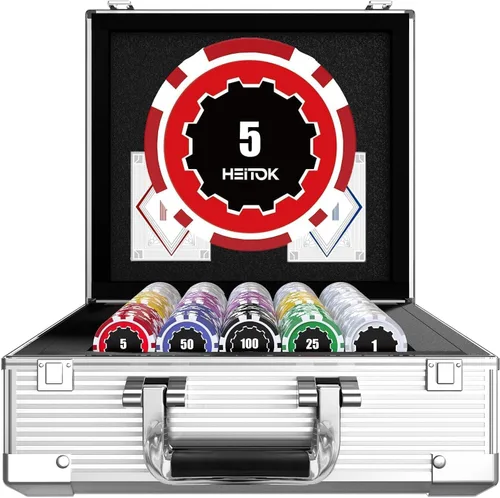 Vista 10 de Fichas de póquer con denominaciones, juego de 300 piezas de 11.5g con números, fichas de casino pesadas, 5 dados, 2 barajas con estuche compacto