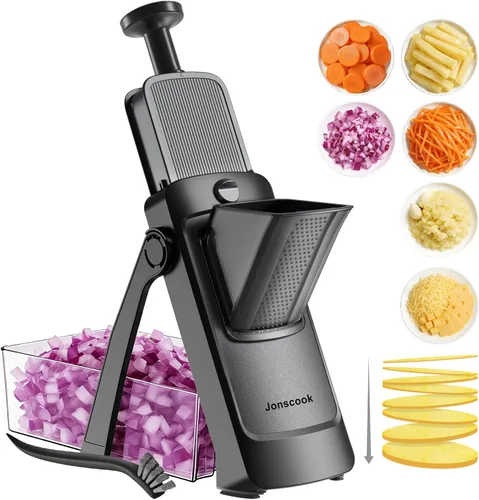 Jonscook Cortadora de mandolina segura todo en 1 para cocina, cortador de verduras con contenedor, mandolina vegetal ajustable, cortador de papas