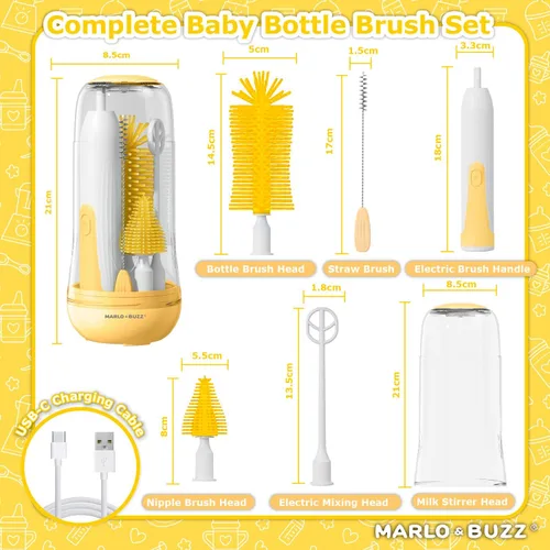 Vista 2 de Marlo & Buzz Juego de limpiador eléctrico de cepillos para biberones, cepillos de silicona impermeables recargables con cepillo para biberón grande