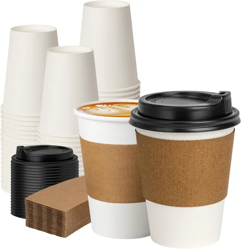 Vista 9 de RACETOP [Paquete de 50] Tazas de café desechables con tapas de 12 onzas, tazas de papel caliente con tapas, taza para llevar con tapa