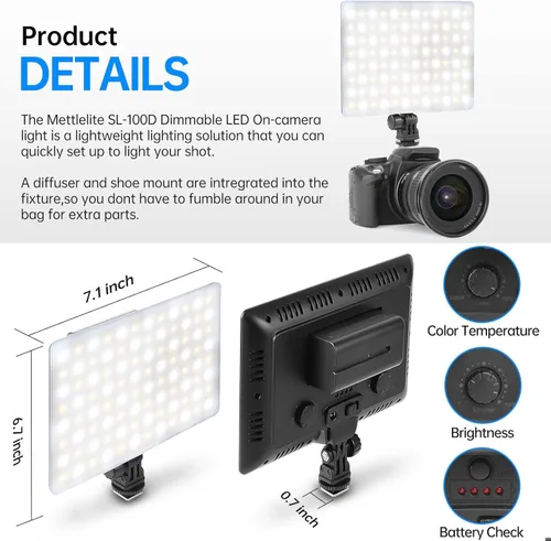 Vista 5 de Mettlelite SL100D - Luz de video LED bicolor en la cámara Iluminación de fotografía regulable continua Panel LED de estudio portátil 3200K-5600K