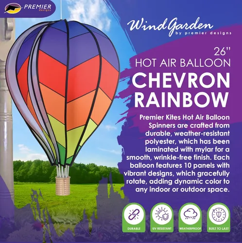 Vista 2 de Globo aerostático colgante de jardín giratorio de 26 pulgadas – vibrante diseño de arco iris cheurón, decoración al aire libre resistente a