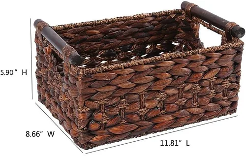 Vista 5 de Canasta de almacenamiento fabricada con jacinto de agua y asas de madera, para manualidades y artesanías. (RectánguloA-Mediano)