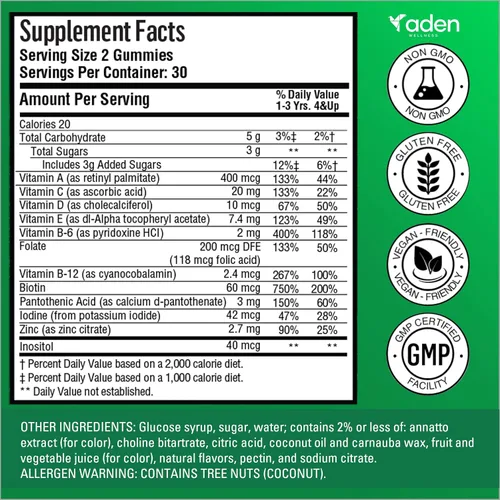 Vista 5 de Gomitas de vitaminas múltiples B para niños, con complejo B B6 B12 B9 (Folato) B7 (biotina) B5 (ácido pantoténico), A, C, D, E, zinc, yodo