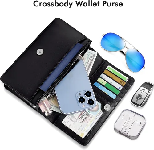 Vista 5 de nuoku Bolso bandolera para mujer, cartera pequeña para celular con ranuras para tarjetas de crédito, liviano, de cuero con correa de muñeca