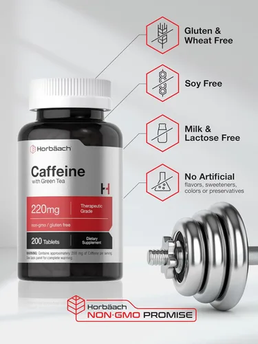Vista 5 de Horbäach Píldoras de cafeína de 200 mg con té verde 200 tabletas Vegetarianas, sin OMG y sin gluten