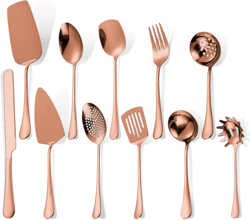 Vista 16 de Juego de Utensilios para Servir de 11 Piezas de Acero Inoxidable Cubiertos Modernos para Servidor Todo Metal Herramientas de Cocina Cuchara Sólida