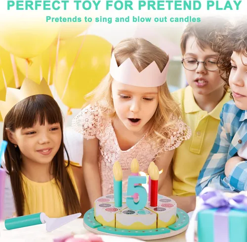 Vista 6 de Juguetes para cortar pasteles de cumpleaños, juego de comida de madera para niños pequeños, juguetes de cocina para niños y niñas