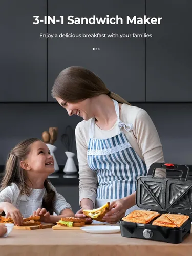 Vista 8 de Sandwichera 3 en 1, waflera con platos extraíbles, juego de plancha para gofres Panini Press con control de temperatura de 5 engranajes