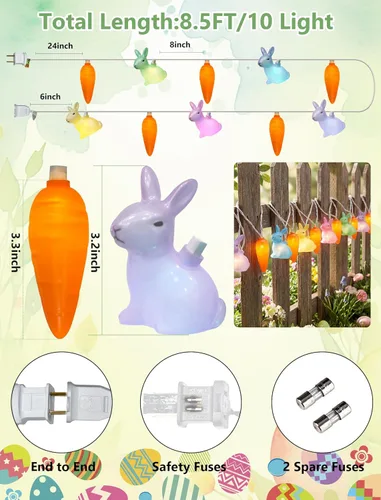 Vista 2 de Abeja Guirnalda de luces multicolor de conejo y zanahoria, 8.5 pies, luz LED de hadas de Pascua con 10 luces LED de zanahoria, luces de Pascua