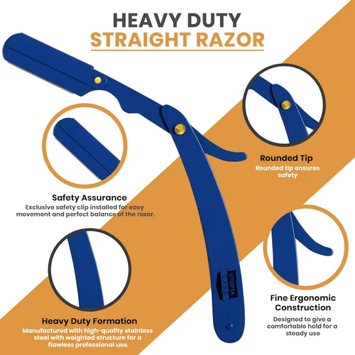 Vista 3 de Utopia Care Maquinilla de afeitar recta profesional para hombres, peluquero de borde recto de seguridad con 100 cuchillas, color azul