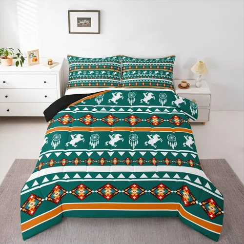 Vista 19 de Juego de edredón de caballo vaquero occidental, juego de ropa de cama bohemio atrapasueños tamaño individual, juego de ropa de cama azteca tribal