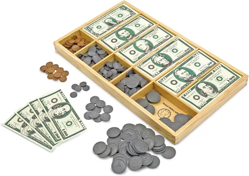 Melissa & Doug - Juego de dinero educativo con billetes de papel y monedas de plástico (50 de cada denominación) y cajón de efectivo de madera para
