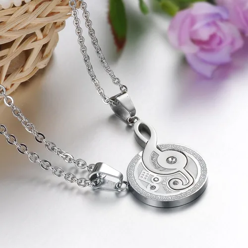 Vista 4 de Joyería de moda acero inoxidable nota musical grabada pareja mejor amigo rompecabezas colgante conjuntos de collar