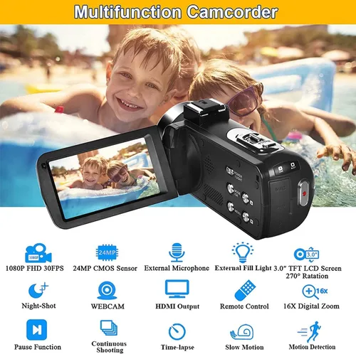 Vista 6 de Video Cámara Videocámara Full HD 1080P 30FPS 24.0 MP IR Visión nocturna Vlogging Recorder Cámara de la cámara de 3.0 pulgadas Pantalla IPS 16x