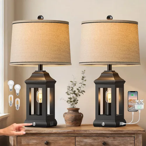 Vista 11 de Juego de 2 lámparas de mesa industriales de granja de 28 pulgadas - Lámparas rústicas de mesita de noche con puertos USB A+C duales, lámparas
