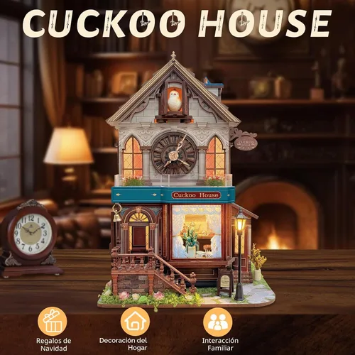 Vista 5 de SUNNINO Kit de casa de muñecas en miniatura, rompecabezas de madera 3D de cuco para adultos, kit de construcción de mini casa con 3 modos