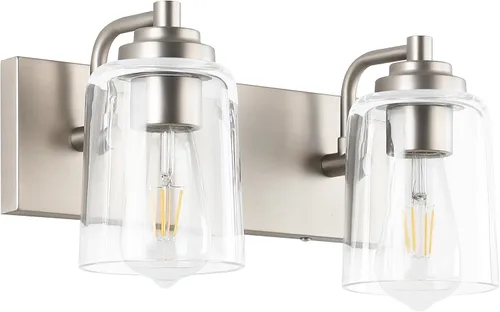 SOLFART Lámpara de baño de níquel cepillado, accesorios de iluminación sobre espejo, 2 luces, luz de tocador de baño, lámpara de pared de níquel