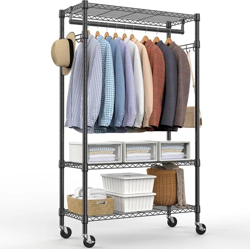 Vista 12 de M MZG Perchero resistente con ruedas de 3 niveles de alambre ajustable con 3 varillas y ganchos laterales, estante de ropa para armario, color Negro