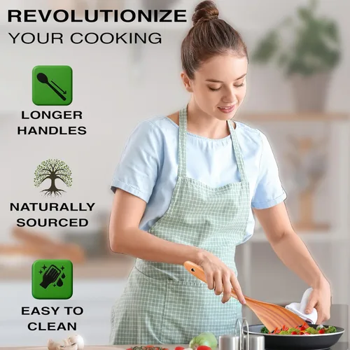 Vista 4 de Juego de utensilios de madera de teca extra grandes de 4 piezas, espátula de madera antiadherente para cocinar, cuchara espumadera y cuchara