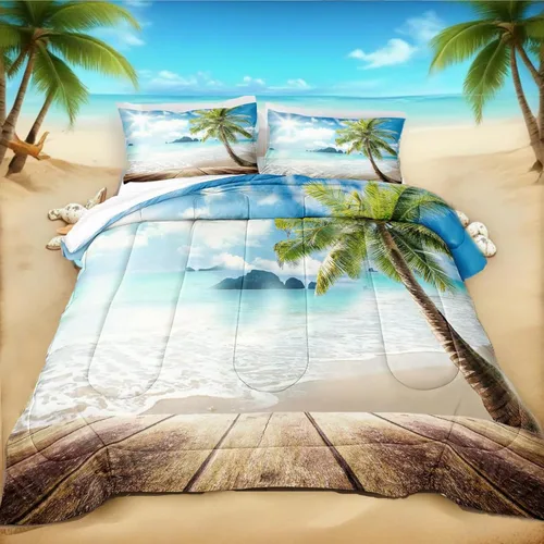 Vista 13 de Bedbay Juego de edredón con temática de playa, juego de edredón costero tamaño Queen, vida marina, turquesa, estrellas de mar, juego de edredón