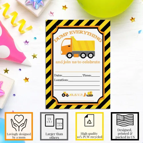 Vista 3 de AmandaCreation - Invitaciones para fiestas de cumpleaños de construcción de camiones volquete de Dump Everything, 20 tarjetas de relleno de 5 x 7