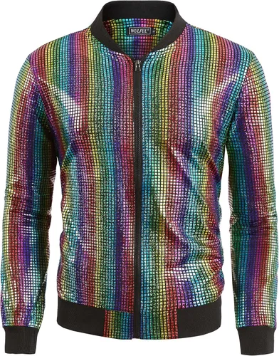 WULFUL Men's 70s Disco Costume Party Sequin Metallic Varsity Bomber Jacket