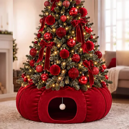 Vista 15 de Túnel de árbol de Navidad para gatos de 36 pulgadas, cama de dona, blanco