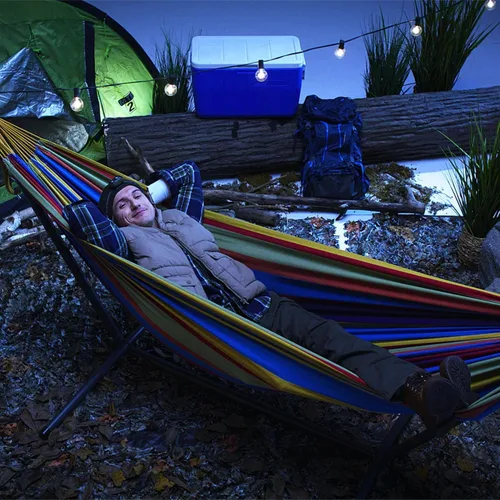 Vista 6 de Vivere Hamaca doble de algodón con soporte de acero que ahorra espacio, cuerdas de poliéster mejoradas, capacidad de 450 libras, bolsa de transporte