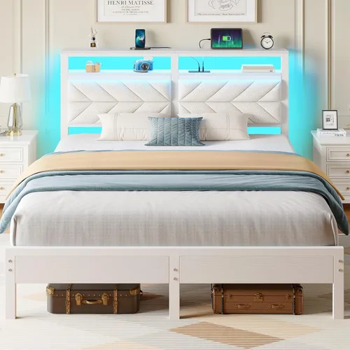 Vista 9 de Seventable Base de cama individual con estación de carga y luces LED, cabecera tapizada con estantes de almacenamiento de 2 niveles, plataforma