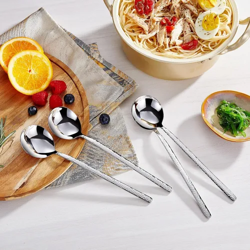 Vista 5 de KEAWELL Cucharas Premium Coreanas para Sopa con Mangos Largos, Juego de 4, Acero Inoxidable 18/10, Aptas para Lavavajillas (Martillado)