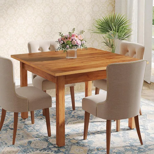 Vista 2 de Mesa de comedor de madera Tribesigns, mesa de cocina de estilo granja para sala de estar, mesa cuadrada para 4 personas con patas de madera, marrón