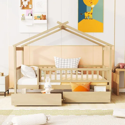 Vista 25 de Merax Cama de madera de tamaño individual con dos cajones, marco de cama de madera con techo para niños, adolescentes, niños o niñas, gris