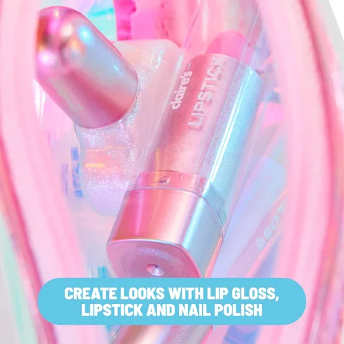 Vista 7 de Claire's Glam Essentials - Kit de maquillaje para niños, juego de cosméticos reales de 4 piezas con mini bolsa, brillo de labios, lápiz labial