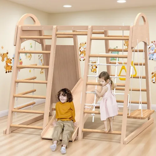 Vista 9 de Parque infantil interior 5 en 1 con escalera sueca, gimnasio de la jungla con columpio, barra de dominadas, escalera de cuerda, pared de escalada