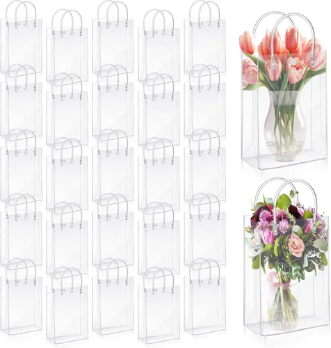 Vista 9 de LEIFIDE 50 bolsas de regalo de plástico transparente con asas, de PVC, reutilizables, transparentes, bolsas para dulces, escuela, fiesta