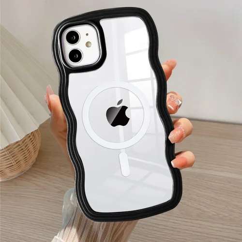 QLTYPRI Funda magnética para iPhone 11 compatible con Magsafe, bonita funda transparente con marco de onda rizada para niñas y mujeres, parachoques