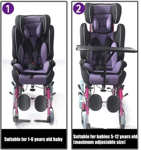 Vista 6 de YANGPING - Silla de ruedas plegable para niños, silla de ruedas manual para niños con parálisis cerebral con respaldo alto, mesa de comedor