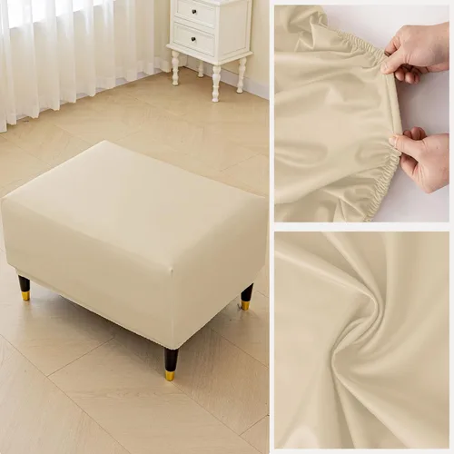 Vista 2 de Funda otomana impermeable de piel sintética, elástica, funda para reposapiés, funda gruesa para taburete de pie, color sólido, estilo moderno, Beige