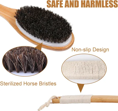 Vista 5 de OWIIZI Cepillo de baño de crin de bambú, curvado, mango largo, antideslizante, cepillo corporal para exfoliación, limpiador de ducha de melena