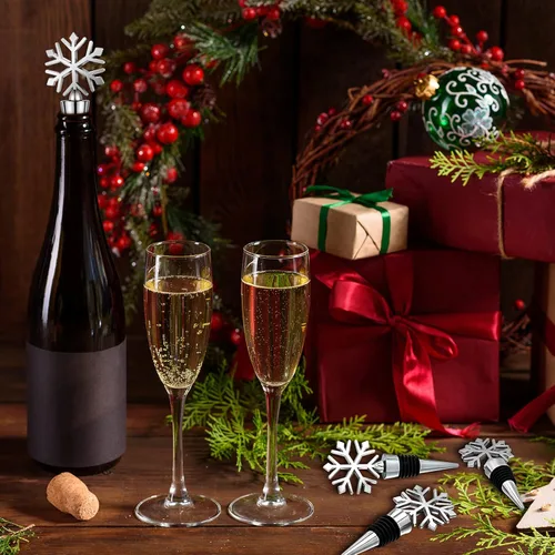 Vista 7 de Hotop 8 tapones de vino con forma de copo de nieve de Navidad a granel, de aleación reutilizable, tapones decorativos de Navidad, tapones