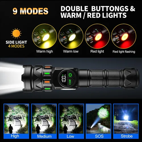 Vista 12 de Linterna LED recargable Zoom, lúmenes altos, USB-C con luz lateral COB Negro 1 paquete