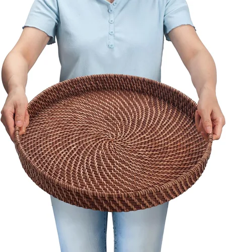 Bandeja de ratán de 16.9 pulgadas, bandeja redonda de mimbre con asas recortadas, bandeja de servir tejida para comedor/mesa de café