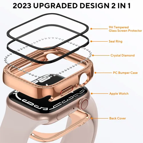 Vista 3 de Funda impermeable brillante 2 en 1 para Apple Watch Series SE 6, 5, 4, 1.732 in, 360, funda protectora de PC delantera y trasera con protector