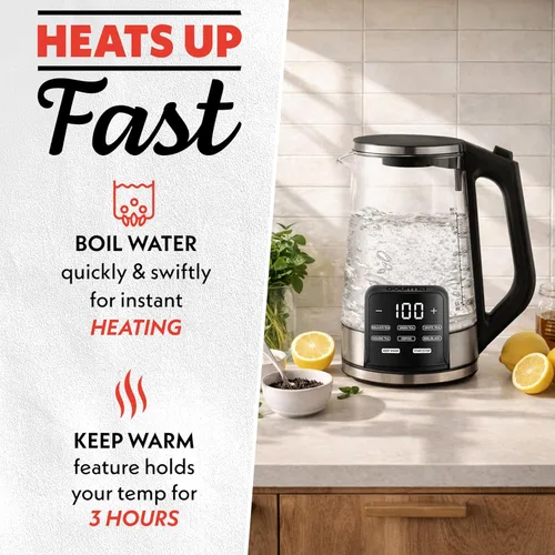 Vista 4 de Gourmia Hervidor eléctrico programable de vidrio – 1.7L Control de temperatura para té y café con pantalla táctil digital, 6 ajustes