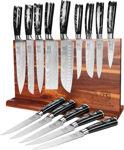XYJ - Juego de cuchillos de chef profesional de estilo japonés con bloque | Authentic Since 1986,Scissors,Sharpener Rod,Cutting