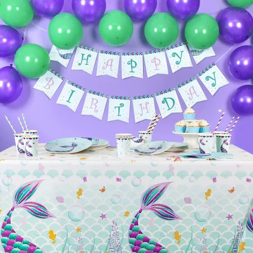 Vista 6 de WERNNSAI Mantel de mesa de sirena, 1 paquete de mantel de plástico impreso desechable de 108 x 54 pulgadas, suministros de fiesta para niños