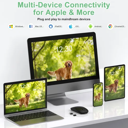 Vista 2 de Mouse inalámbrico para laptop/MacBook Air/Pro y iPad, mouse modo Jiggler Bluetooth 5.2/2.4G recargable silencioso clic 3 niveles DPI delgado Negro