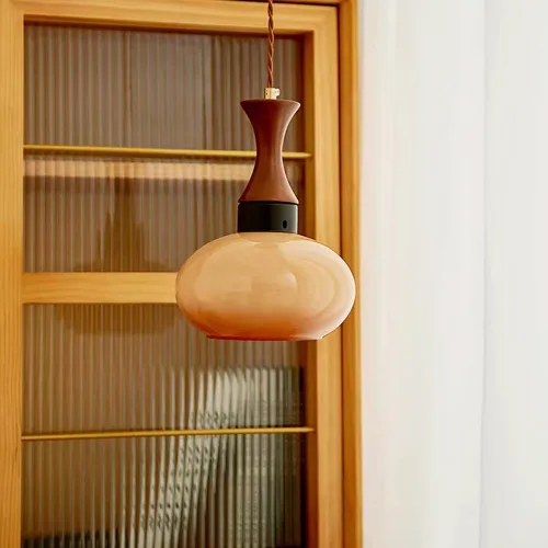 Orange Gradient Glass Pendant Light Mid Century Vintage Wood Chandelier Height Adjustable Ceiling Hanging Lighting for Bedroom Hallway Living Room