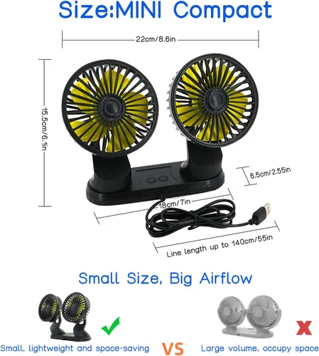 Vista 6 de Ventilador para coche, ventilador de doble cabezal ajustable de 360°, ventilador de refrigeración de auto eléctrico de 3 velocidades, ventiladores
